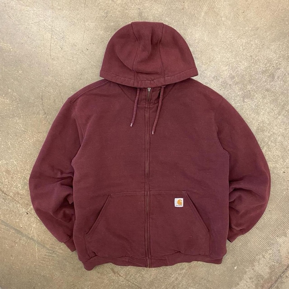 Vintage Carhartt Burgundy Full Zip Fur Lined 2000s Heavyweight Workwear Hoodie L
